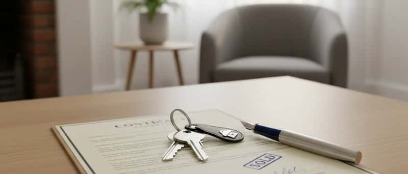Signed property contract with house keys and a pen on a wooden table