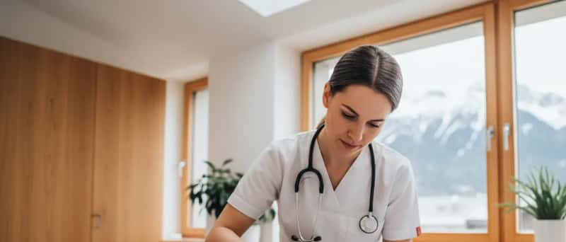 Tierärztin untersucht eine Tabby-Katze auf dem Behandlungstisch einer modernen Praxis in Österreich