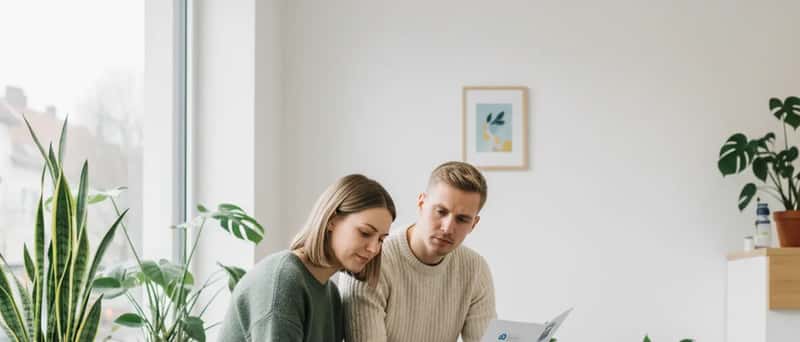 Junges österreichisches Paar im Wartezimmer einer Tierklinik mit einer Katze in der Transportbox