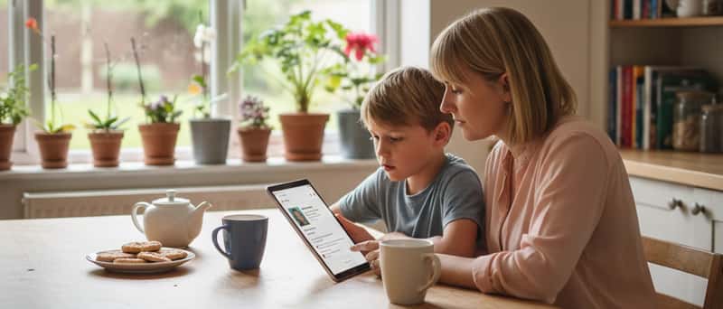 Parent and child reviewing a tutor profile on a tablet at a kitchen table in a cosy British home