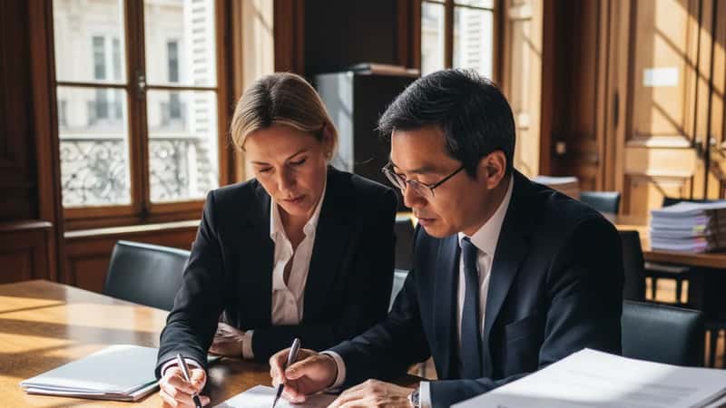 Two attorneys in a Greenville SC law firm comparing highlighted clauses in a non-compete agreement at a conference table