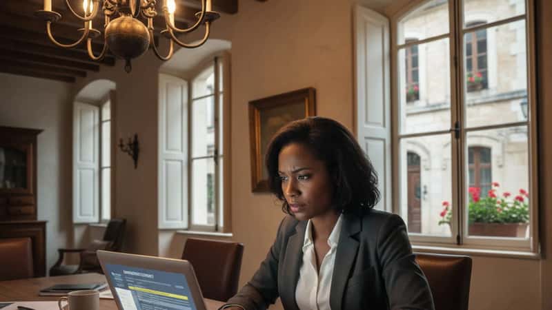 Professional in Charleston SC reviewing an employment contract comparison chart on a laptop at home in the evening