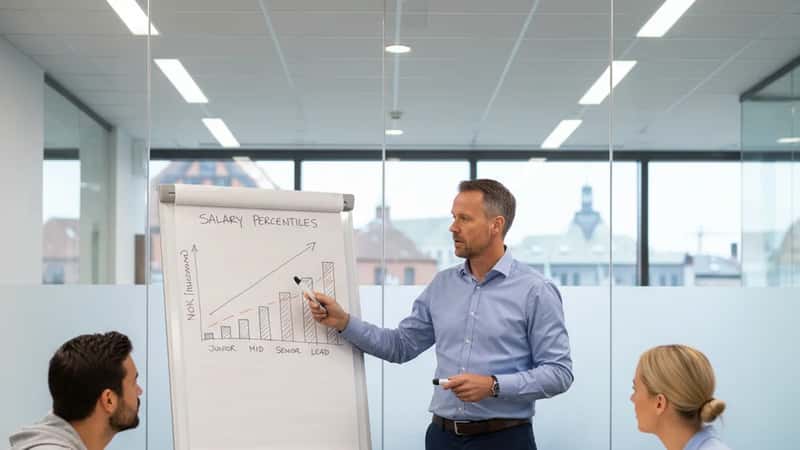 HR-leder presenterer lønnsstatistikk på whiteboard i møterom i Bergen – benchmarking for tekniske funksjonærer