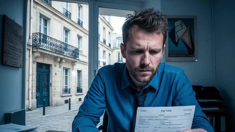 A Janesville Wisconsin small business employee carefully reviewing a final pay stub at a desk with a calculator and scattered paperwork