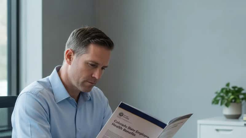 State employee health benefits review: American man in Denver government office reading a health insurance policy document at his desk