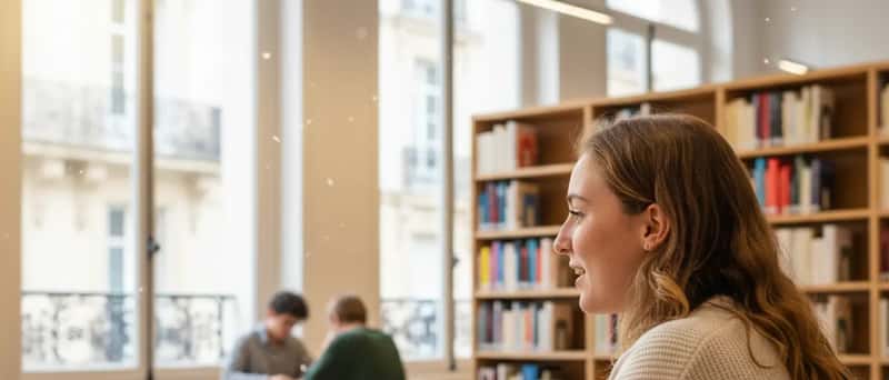 Jonge vrouw geeft online bijles via videogesprek vanuit een universiteitsbibliotheek