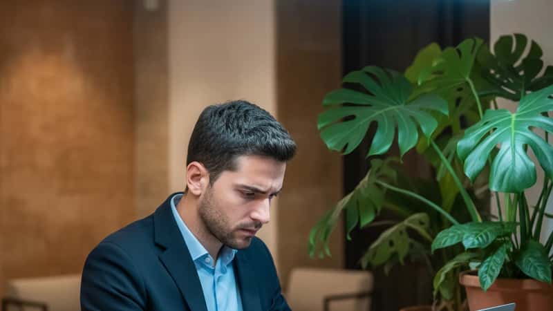 Receptionist italiano che verifica la propria busta paga alla reception di un albergo a Verona