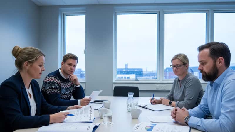MED-udvalgsmøde med fire danske statsansatte der gennemgår trivselspjece i konferencelokale i Aarhus under kolde fluorescerende lys