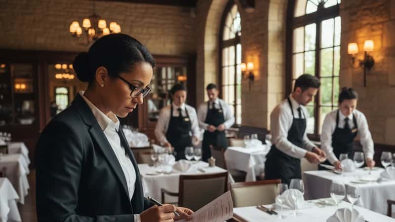 Charleston restaurant manager reviewing payroll compliance documents at a side station before service with servers setting tables in background