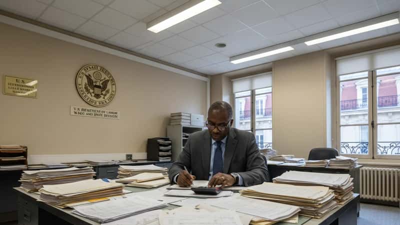 DOL wage auditor in Charleston SC reviewing payroll ledgers and timesheets at a government field office desk