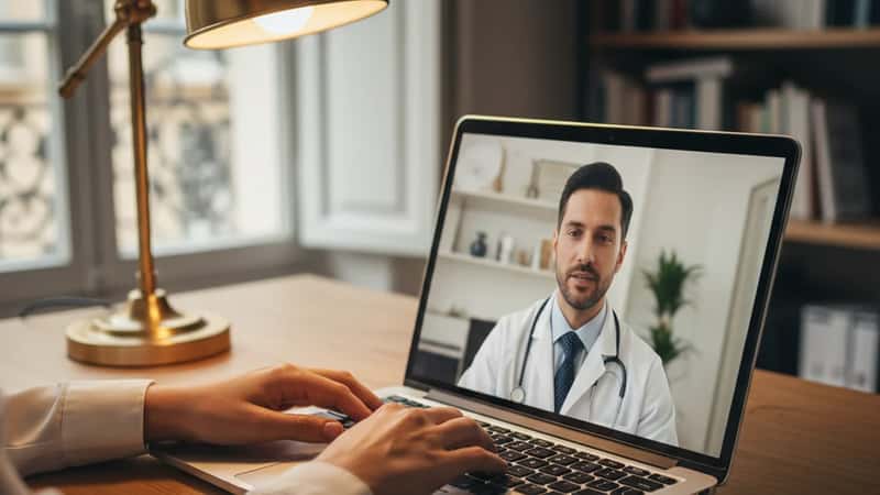 Femme française consultant un médecin en ligne depuis son bureau à Bordeaux, mains sur le clavier, écran affichant une téléconsultation médicale