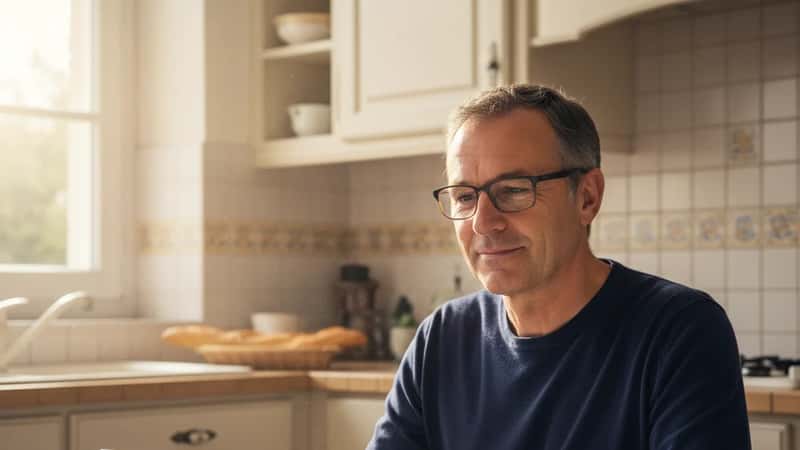 Homme français en téléconsultation médicale depuis sa cuisine à Toulouse, tablette posée sur la table, boîte de médicaments visible, lumière matinale naturelle