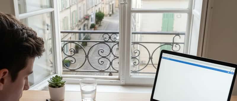 Student writing maths equations in a notebook beside an open laptop showing an interactive whiteboard