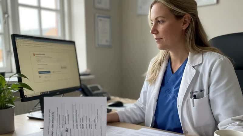 Dansk kvindelig læge logger ind på pensionsselvbetjeningsportal i Glostrup hospitals administrative kontor, pensionsopgørelser og forsikringsdokumenter spredt på skrivebordet