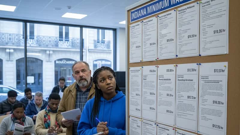 Job posting board in a South Bend Indiana employment office showing minimum wage rates and job listings