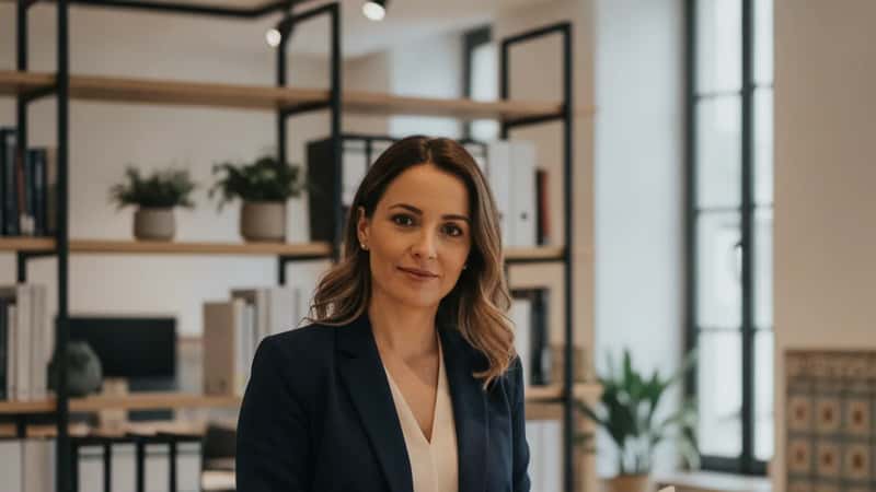 Profissional de RH em Braga revisando documentação de emprego em escritório moderno, expressão concentrada