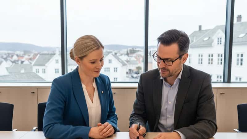 To norske tjenestemenn ved et konferansebord i Stavanger gjennomgår tariffavtalen og peker på en paragraf, diffust overskyet dagslys gjennom kontorvinduene