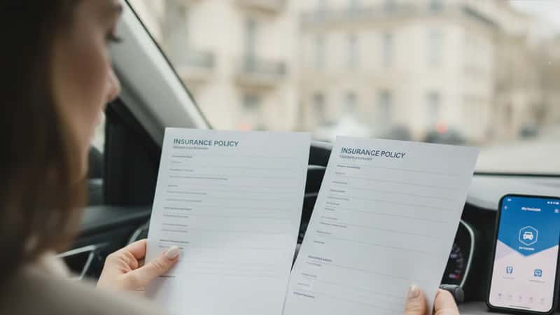 Conductrice comparant deux contrats d'assurance voiture électrique dans son véhicule à Marseille