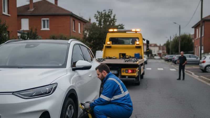 Dépanneur professionnel en uniforme bleu intervenant sur une voiture électrique blanche en panne sur une route à Toulouse