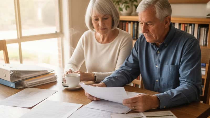 An Australian couple in their 60s reviewing property sale documents and superannuation statements together at a timber dining table in a Canberra suburban home, warm natural window light, relaxed focused mood
