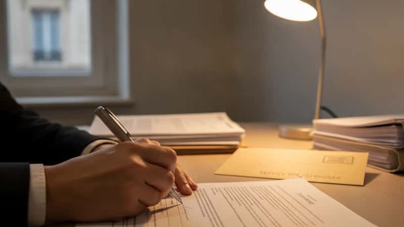 Professionnel RH à Grenoble tenant un stylo sur le point de signer un document administratif officiel, délibération avant un acte irréversible