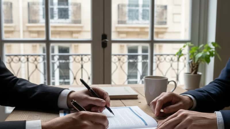 Legal document review — hands annotating a California DIR employment law brochure at a Sacramento legal aid desk