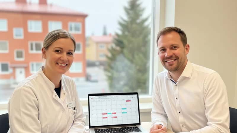 Farmaseutti ja HR-päällikkö suunnittelevat lomavuoroja apteekin toimistossa Tampereella