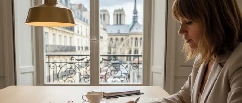 Hands reviewing a legal document on a birch desk with a pen, coffee cup, and reading glasses