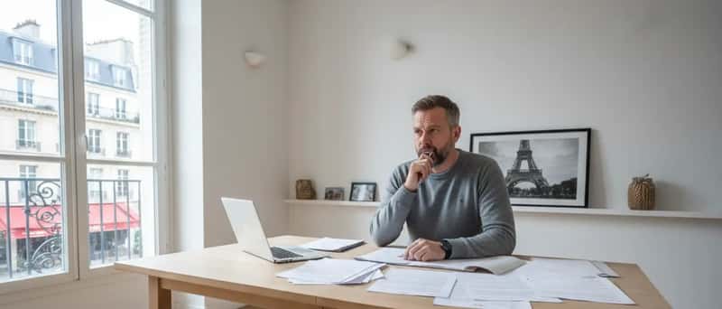 Icelandic man reviewing legal paperwork at a kitchen table in a modern Scandinavian apartment