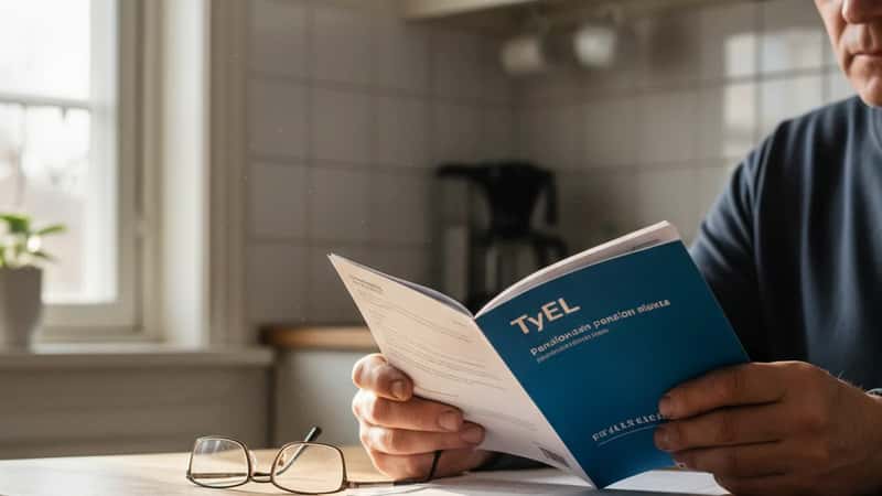 Tamperelainen metallityöntekijä lukee TyEL-eläkekatkelmaa kotona aamuvalossa