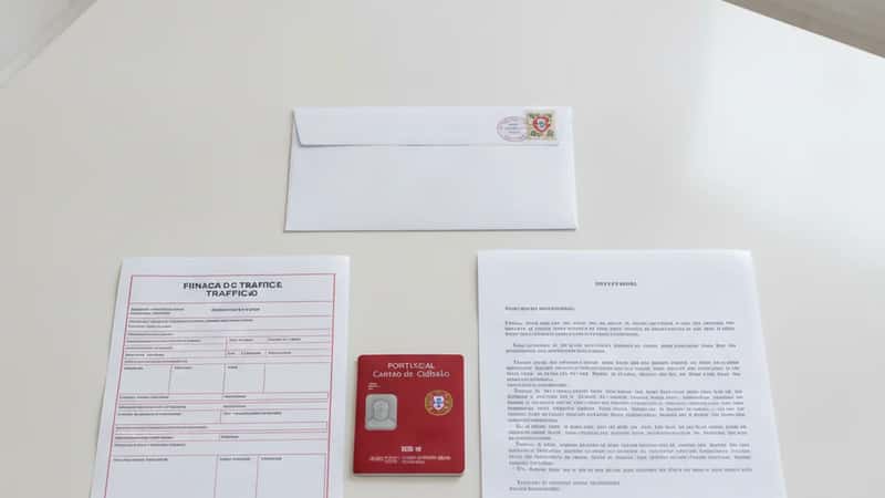 Documentos necessários para impugnar uma multa de trânsito: notificação, Cartão de Cidadão e defesa escrita organizados numa mesa em Portugal
