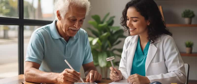 Médico de família atendendo paciente em uma UBS moderna no Brasil