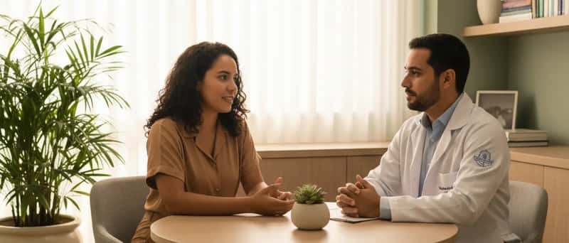 Paciente em consulta sobre saúde mental com médico de família em ambiente acolhedor