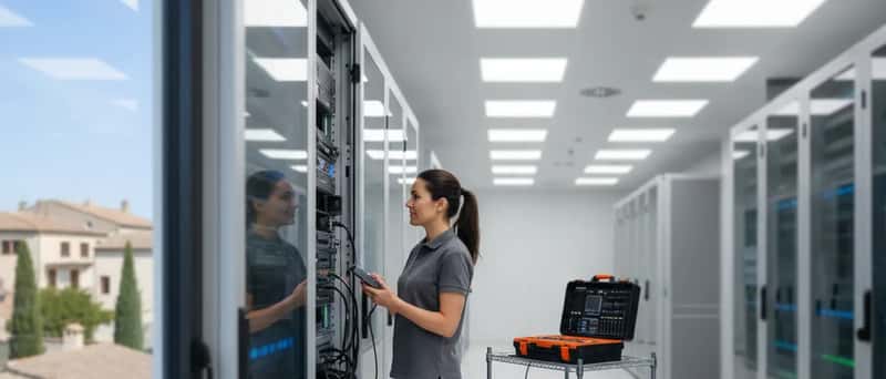IT-Technikerin prüft Server-Rack in einem Wiener Büro