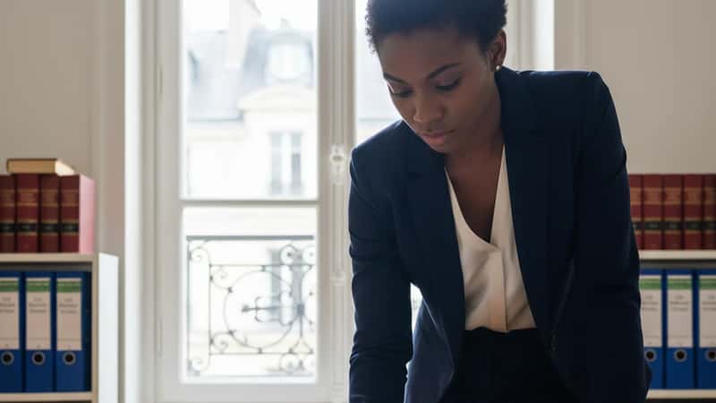 Employment attorney in a Dallas law office examining a wage calculation document at her oak desk with law books visible