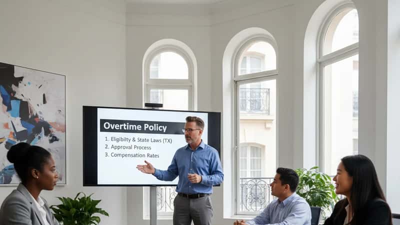 Texas HR manager presenting overtime policy to employees in a corporate training room in San Antonio