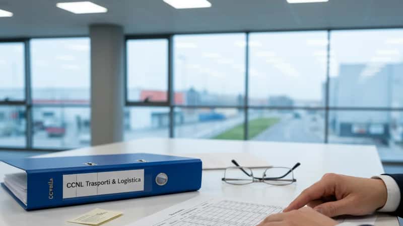 Mani di responsabile HR che indica la griglia salariale su un foglio di calcolo stampato, con il CCNL aperto sul tavolo in un ufficio logistico di Brescia