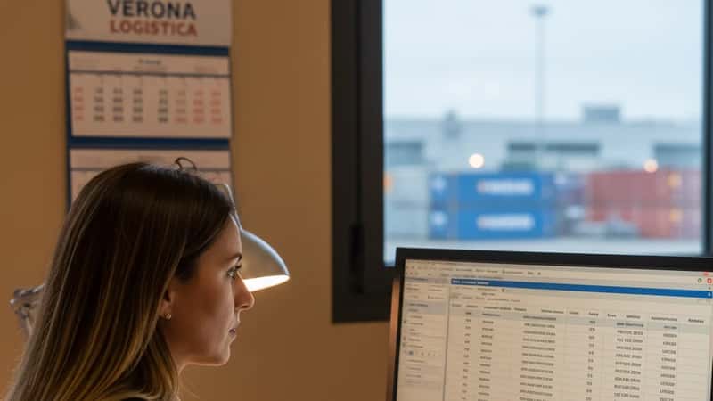 Amministratrice paghe italiana al computer con software di busta paga in un hub logistico di Verona, luce calda, espressione concentrata