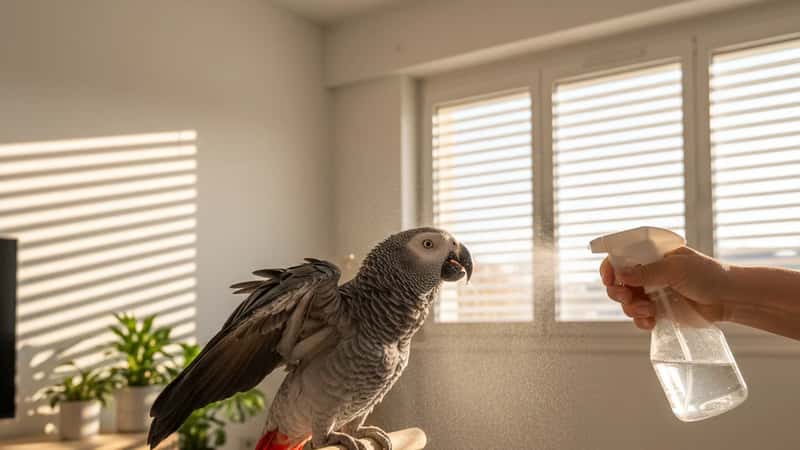 Gris du Gabon sur perchoir avec ailes légèrement écartées, brumisé avec de l'eau fraîche par son propriétaire dans un appartement de Marseille