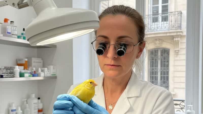 Vétérinaire avicole tenant délicatement un canari lors d'un examen dans une clinique de Marseille, spécialiste oiseaux en consultation