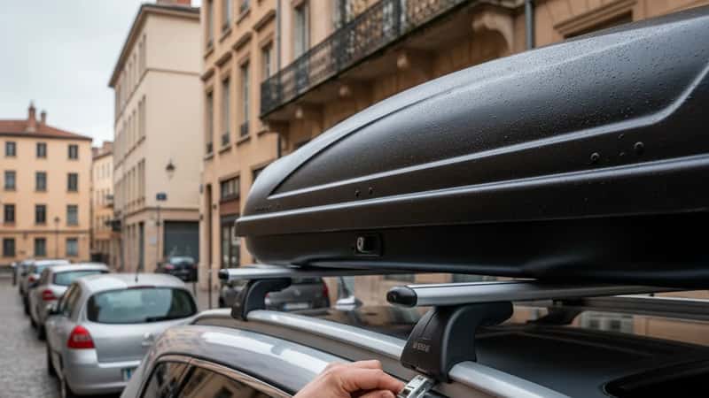 Mains sécurisant le mécanisme de verrouillage d'un coffre de toit sur un SUV à Lyon