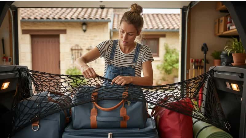 Femme française organisant les bagages dans le coffre d'une voiture avec un filet cargo à Bordeaux