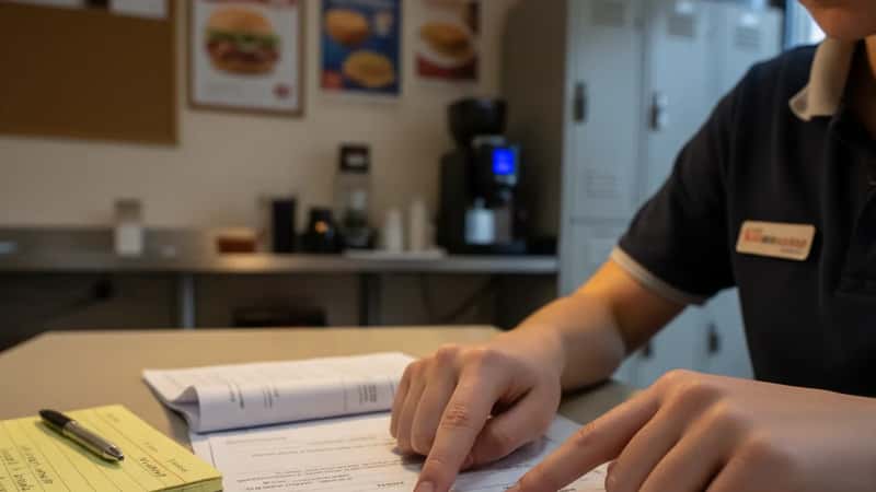 Bulletin de paie et contrat de travail d'un salarié de la restauration rapide en France, avec les lignes IDCC et salaire en évidence