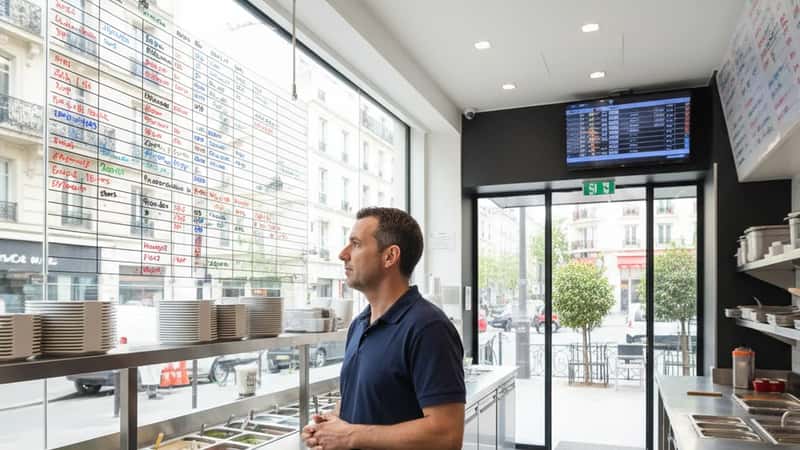 Responsable de fast-food français en polo marine consultant le planning des équipes dans un restaurant de banlieue parisienne