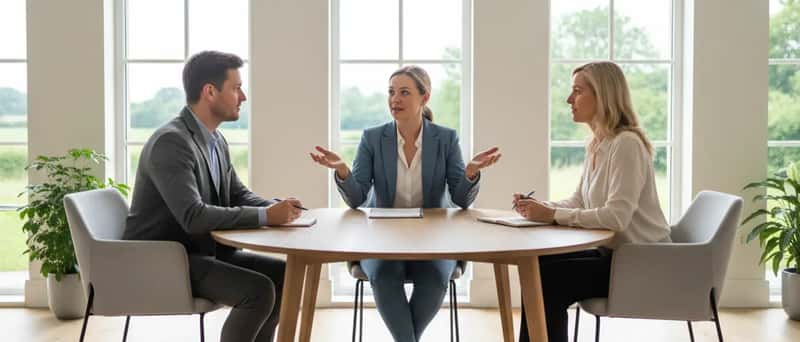 Mediator facilitating a discussion between two people at a round table in a bright meeting room