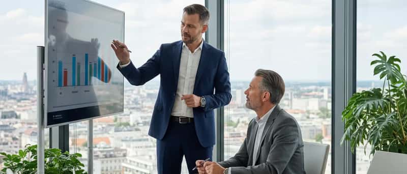 Finanzberater erklärt einem Kunden ein Portfolio-Diagramm in einem modernen Büro
