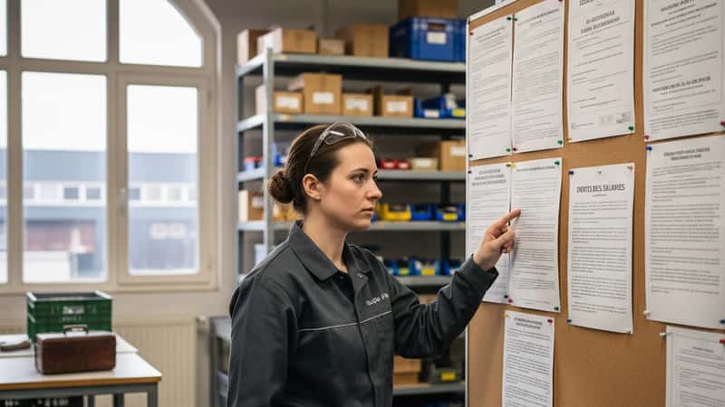 Illinois factory worker reading labor law rights notices on a break room bulletin board in a Chicago-area manufacturing facility