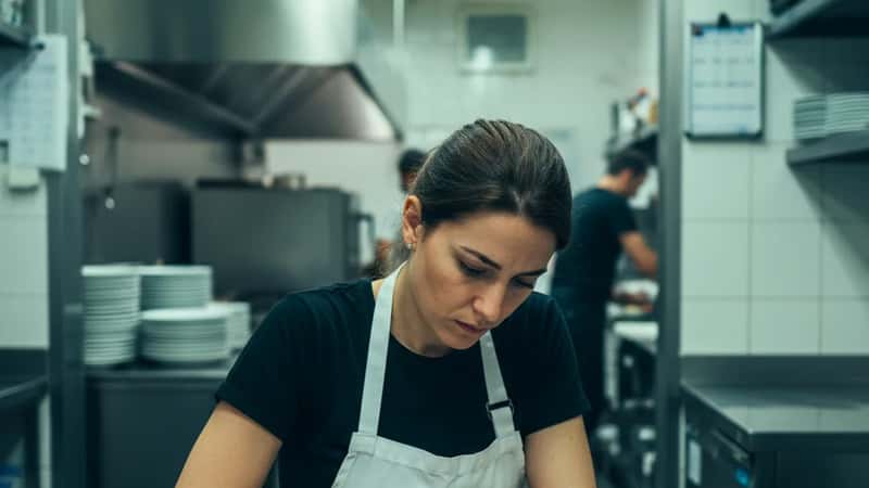 Lavoratrice del turismo a Napoli che controlla i calcoli dello straordinario sulla busta paga