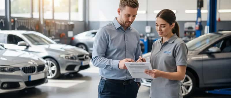 Customer and garage receptionist reviewing an itemised car repair estimate on a clipboard in a modern UK workshop