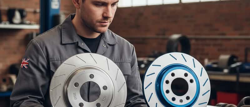 Mechanic comparing an OEM brake disc with an aftermarket brake disc on a workbench in a British garage